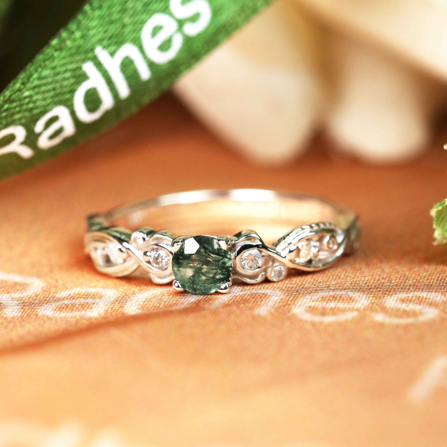 Delicate 0.6 carat Round Cut Moss Green Agate and Diamond Accent Vintage Filigree Promise Ring in White Gold