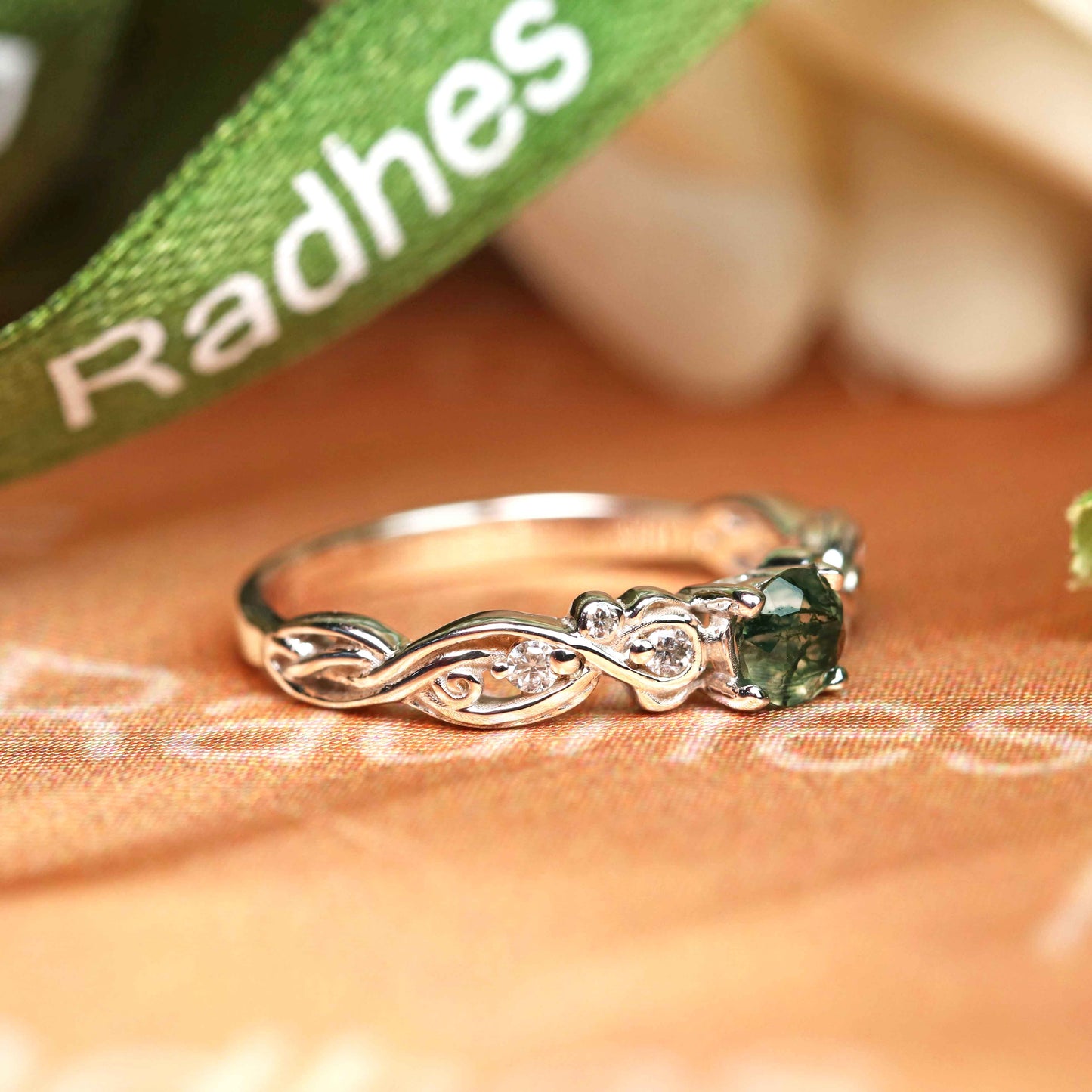 Delicate 0.6 carat Round Cut Moss Green Agate and Diamond Accent Vintage Filigree Promise Ring in White Gold