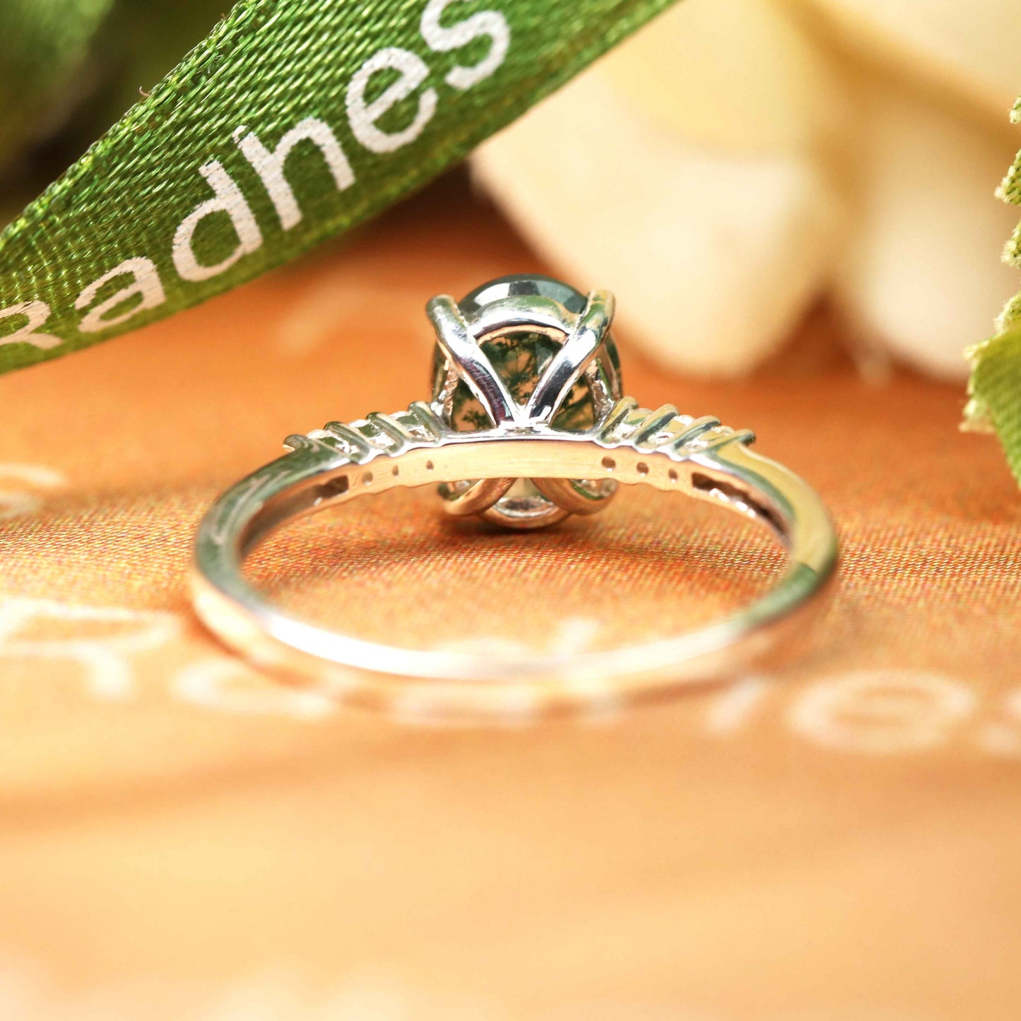 Classic 7 Stone 1.1 carat Oval Shaped Moss Green Agate and Diamond Accent Bridal Ring For Women in White Gold