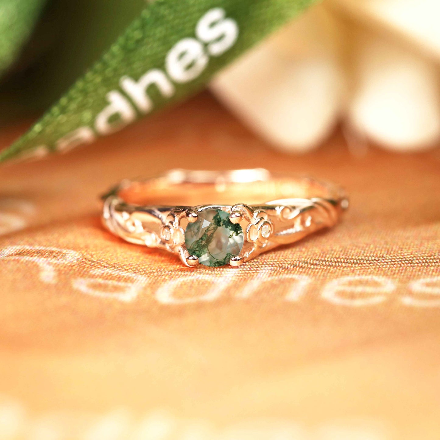 0.55 carat Round Cut Moss Green Agate and Diamond Split Shank Floral Vine Engagement Ring in Rose Gold