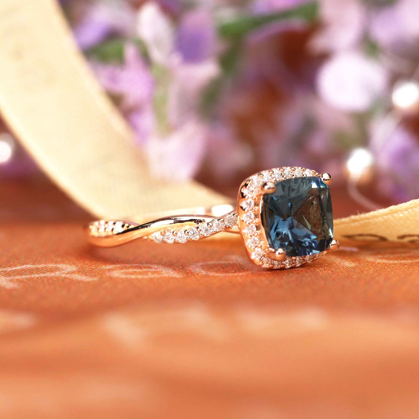 Twisted 1.25 carat Cushion Cut Alexandrite and Diamond Pave Halo Wedding Ring in Rose Gold