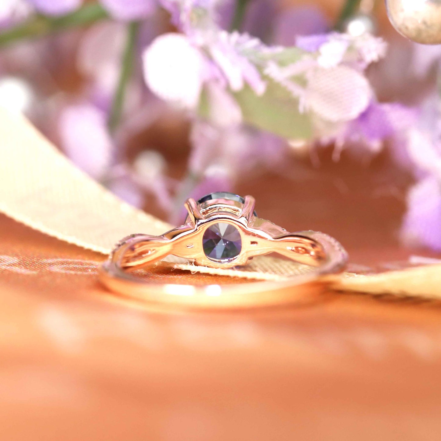 Double Pave 1.25 carat Round Shaped Alexandrite and Diamond Twisted Bridal Ring in Rose Gold