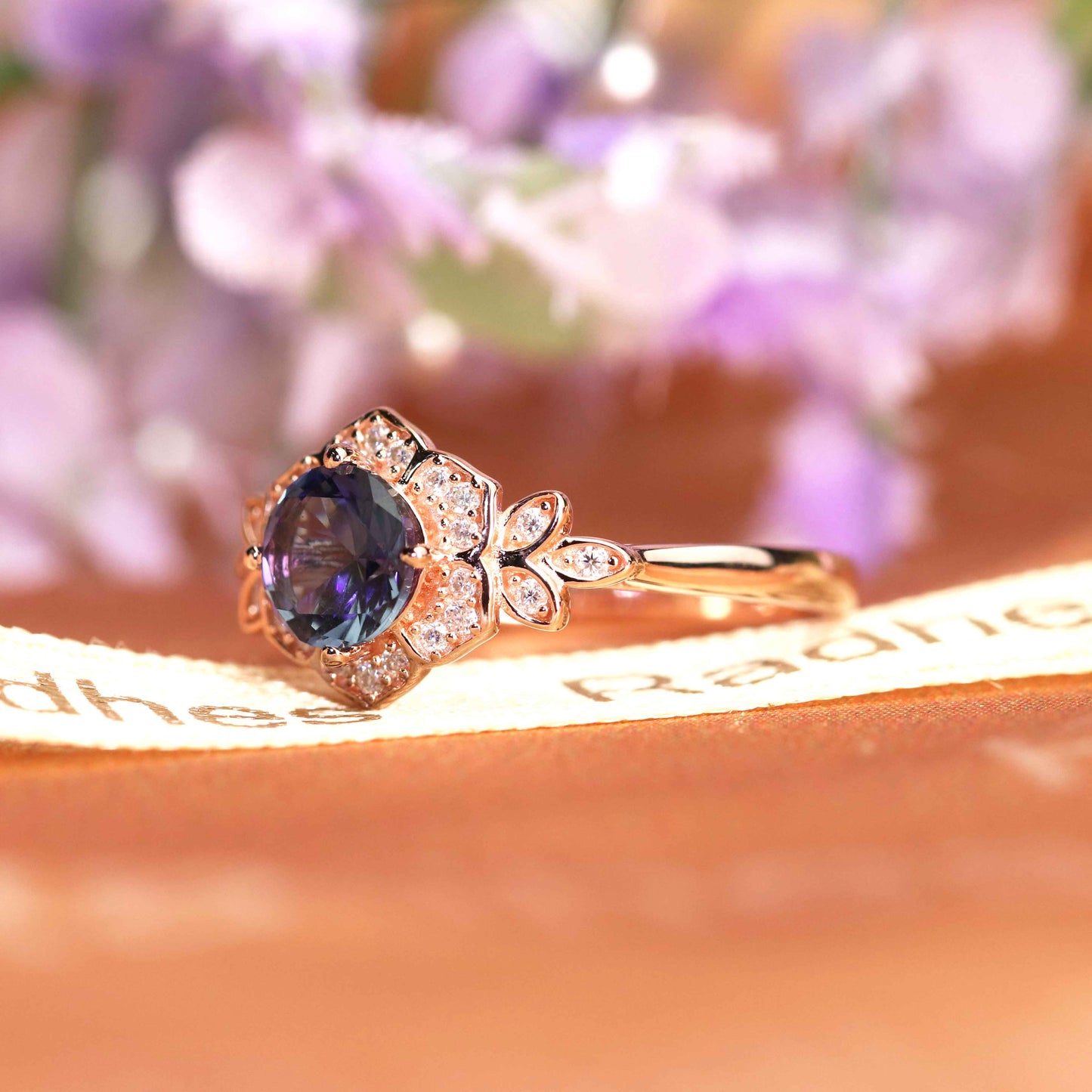 Popular Design 1.25 carat Round Cut Alexandrite Diamond Flower Halo Bridal Ring in Rose Gold