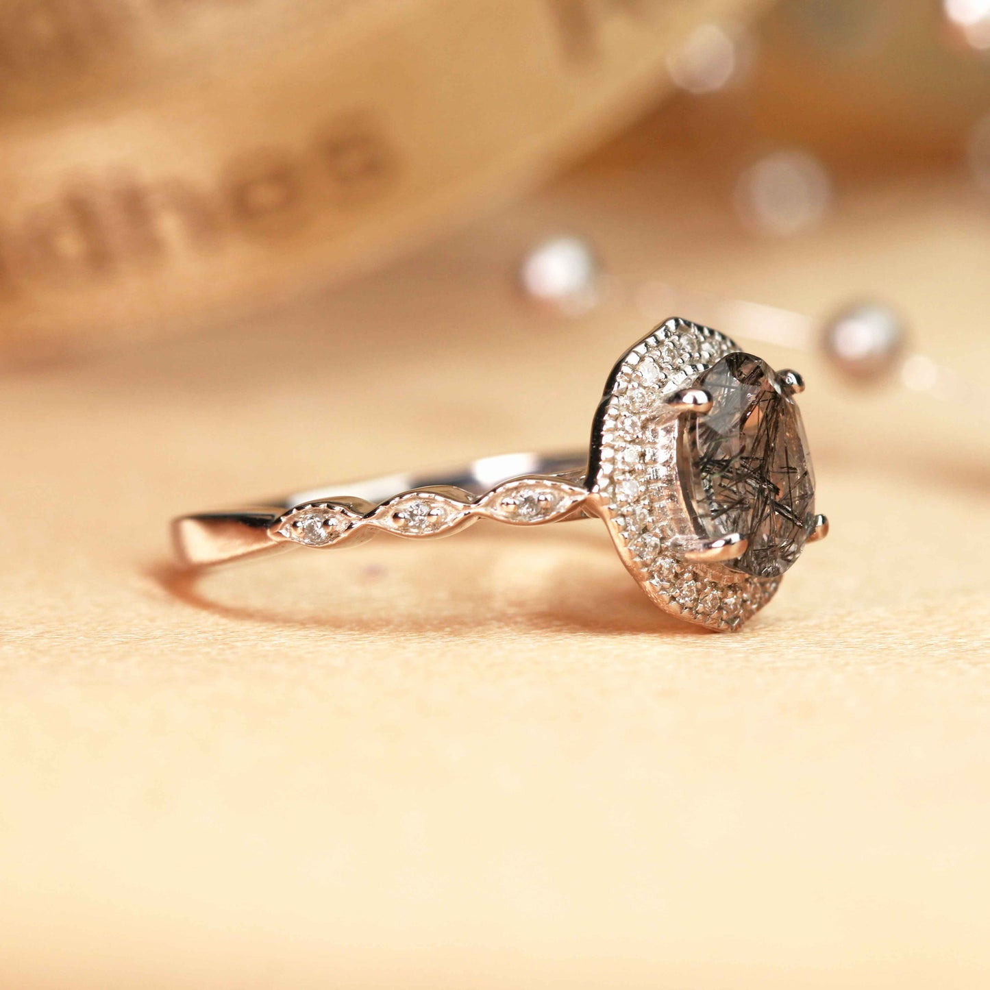 1.25 carat Oval Cut Rutilated Quartz and Diamond Vintage Halo Milgrain Wedding Ring in White Gold