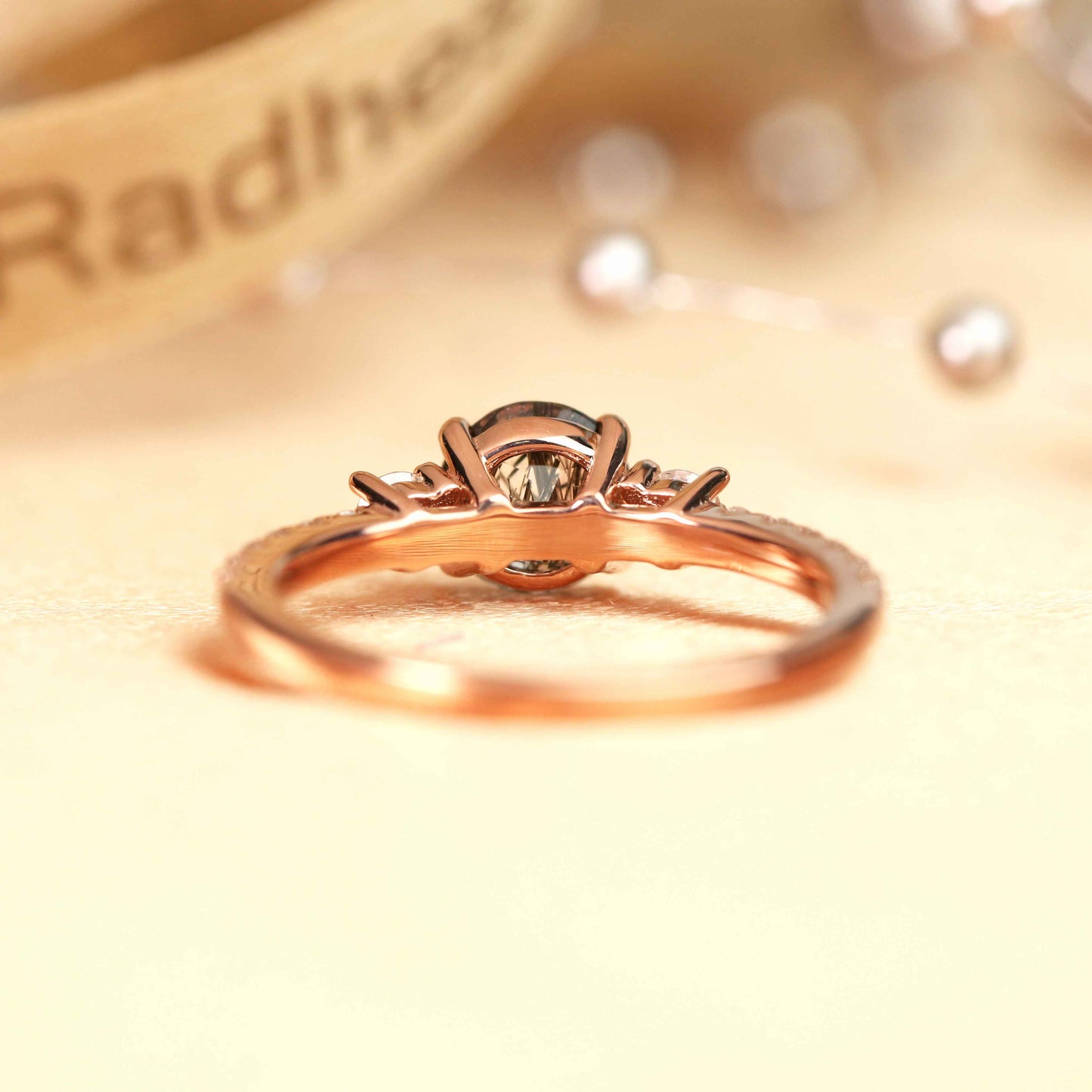 Dainty 3 Stone 1.25 carat Round Cut Rutilated Quartz and Diamond Semi-pave Engagement Ring in Rose Gold