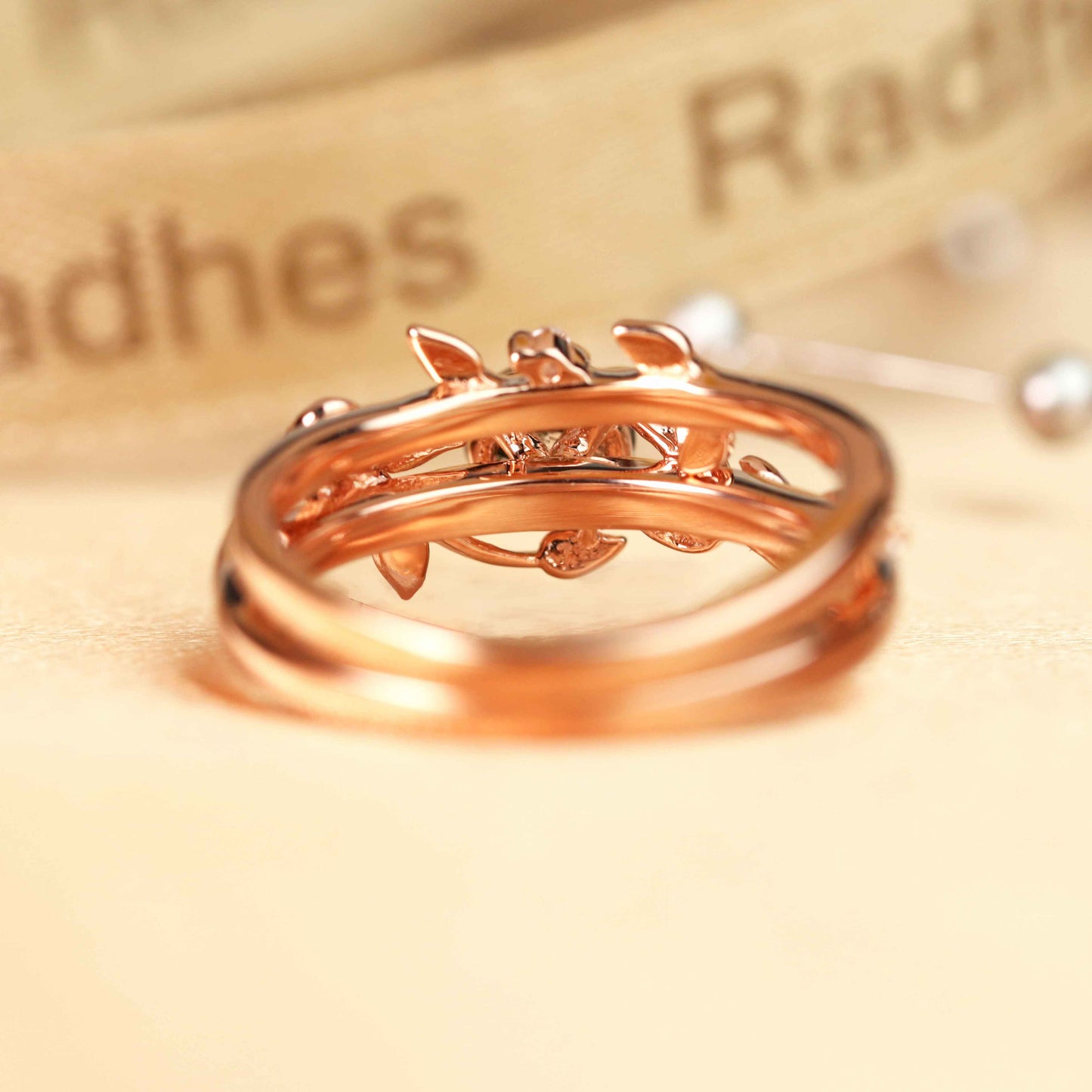 Vine 1 carat Round Cut Rutilated Quartz Solitaire Wedding Ring Set for Women with Matching Leaf Design Wedding Band in Rose Gold