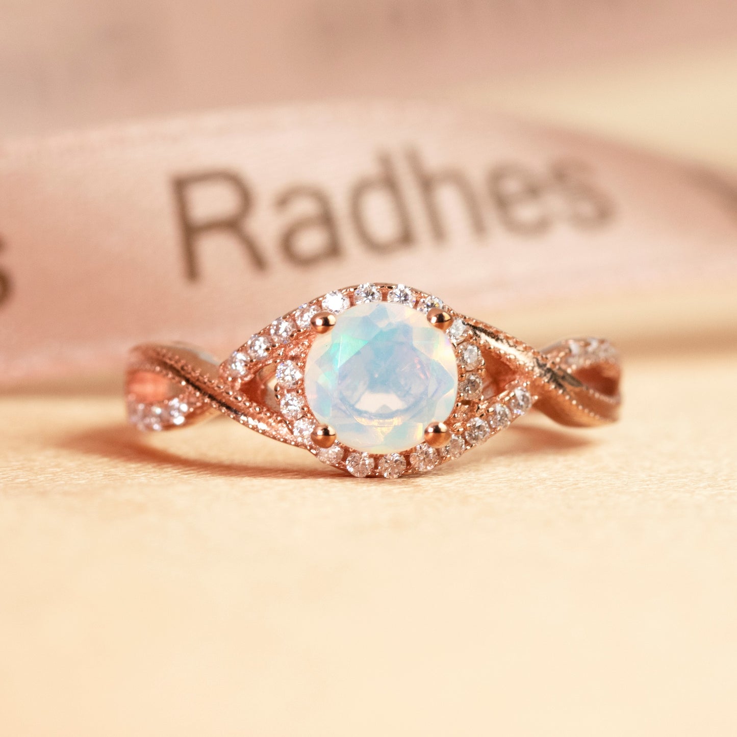 Swirl Halo 1.25 Carat Round Shaped Fire Opal and Diamond Solitaire Promise Ring in Rose Gold