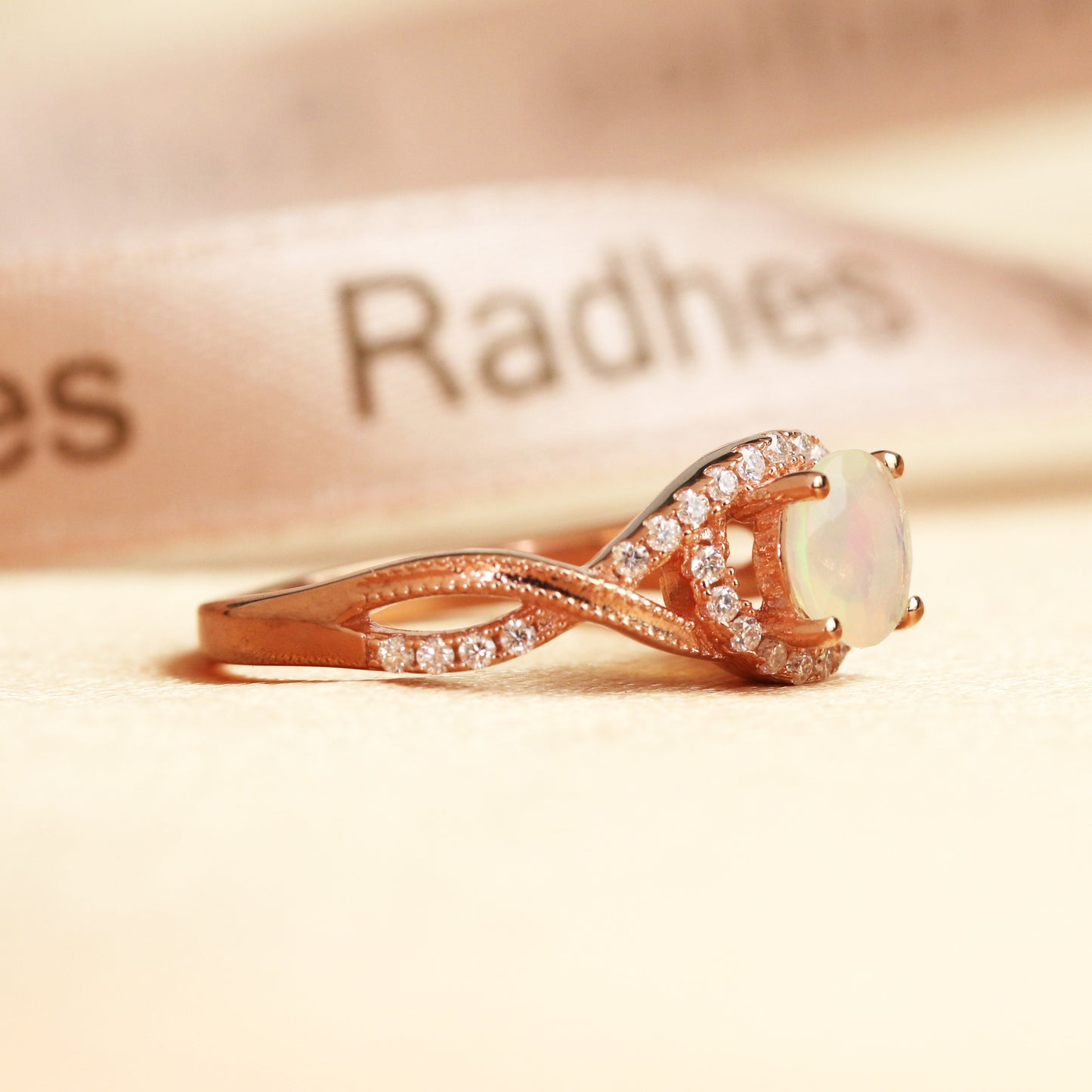 Swirl Halo 1.25 Carat Round Shaped Fire Opal and Diamond Solitaire Promise Ring in Rose Gold