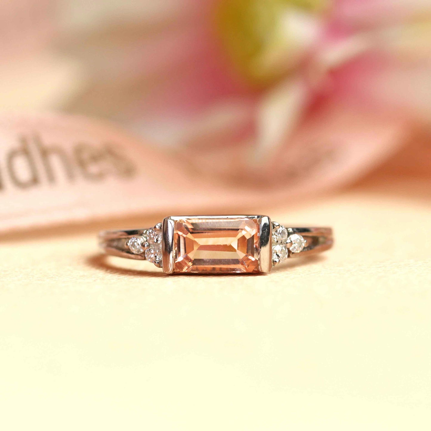 Classic 1.1 carat Emerald Cut Peach Morganite 7 Stone Engagement Ring in White Gold