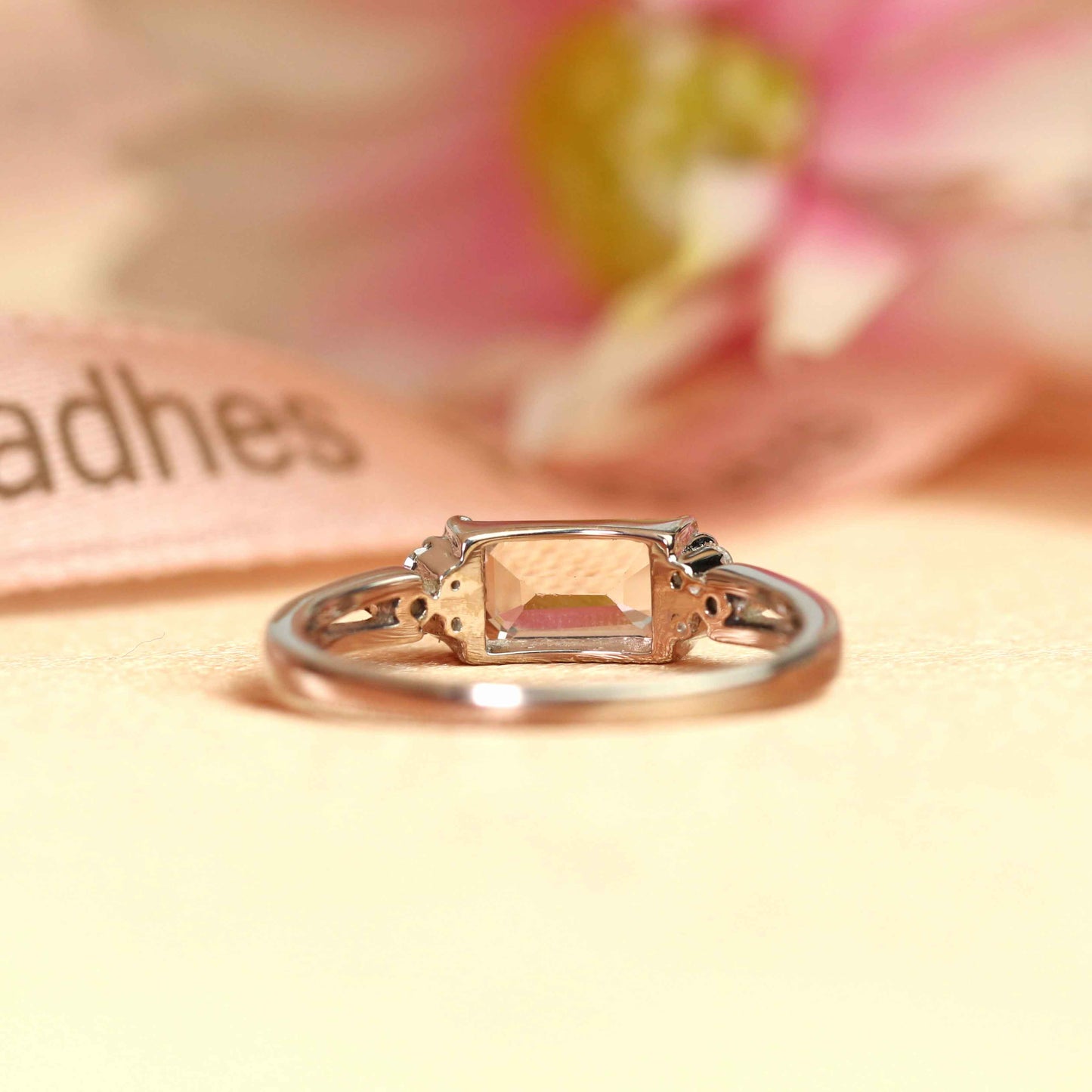 Classic 1.1 carat Emerald Cut Peach Morganite 7 Stone Engagement Ring in White Gold