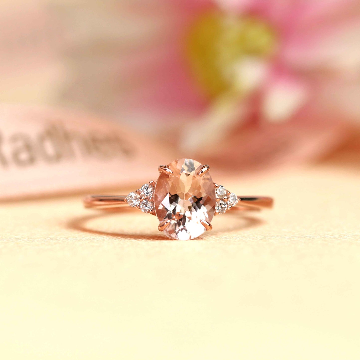 7 Stone 1.1 carat Oval Cut Pink Morganite with diamond Accent Wedding Ring for Women in Rose Gold