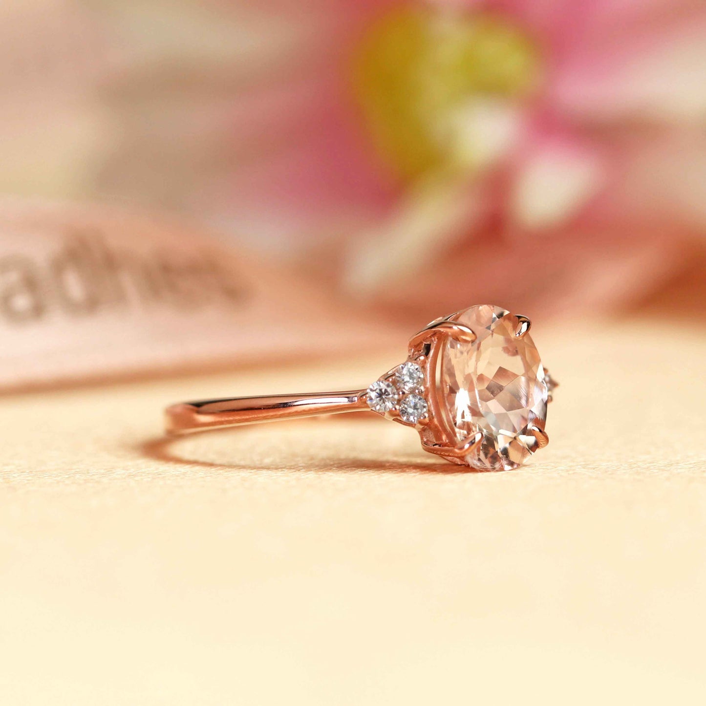 7 Stone 1.1 carat Oval Cut Pink Morganite with diamond Accent Wedding Ring for Women in Rose Gold