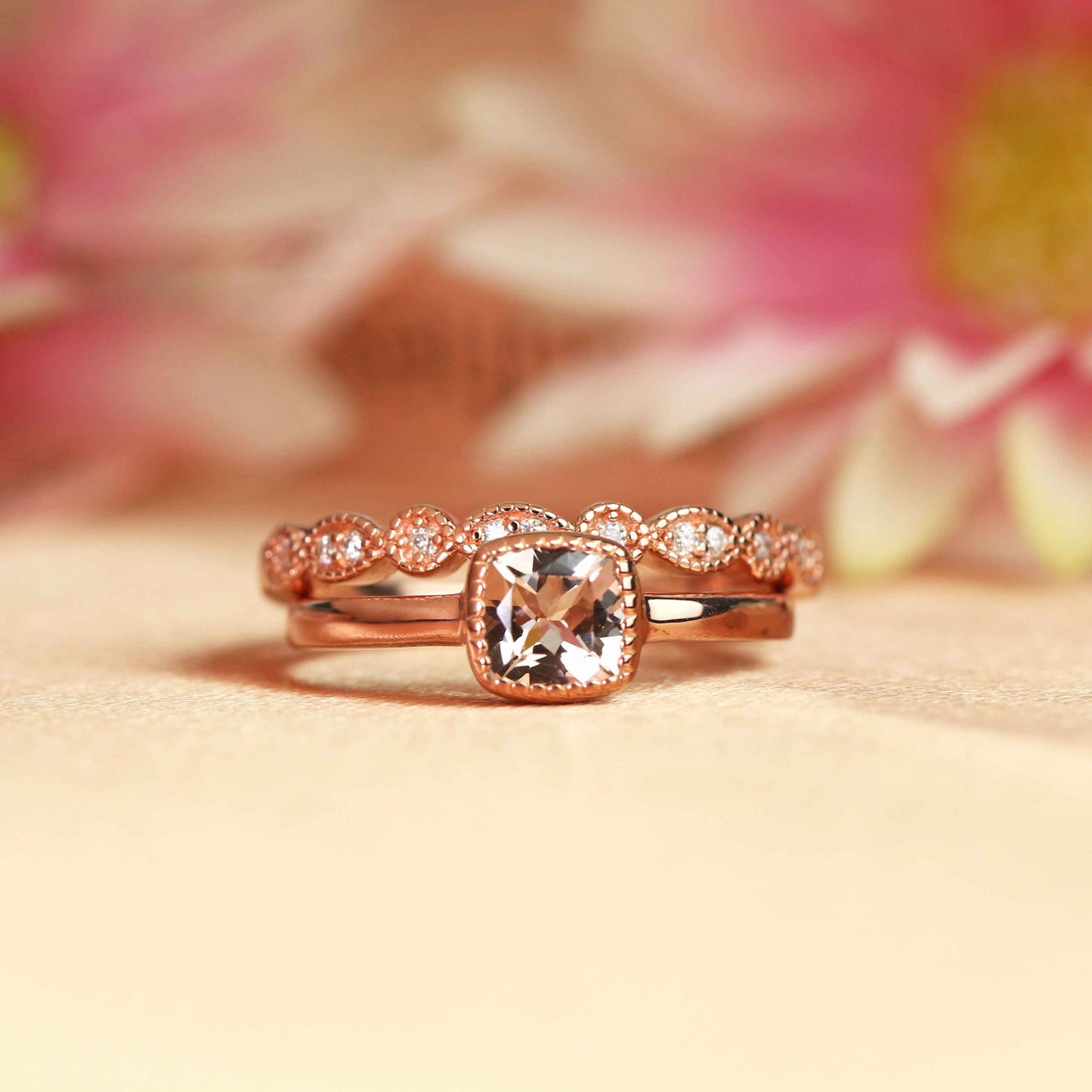 Solitaire 1.15 carat cushion cut peach pink Morganite vintage Wedding Ring Set in Rose Gold