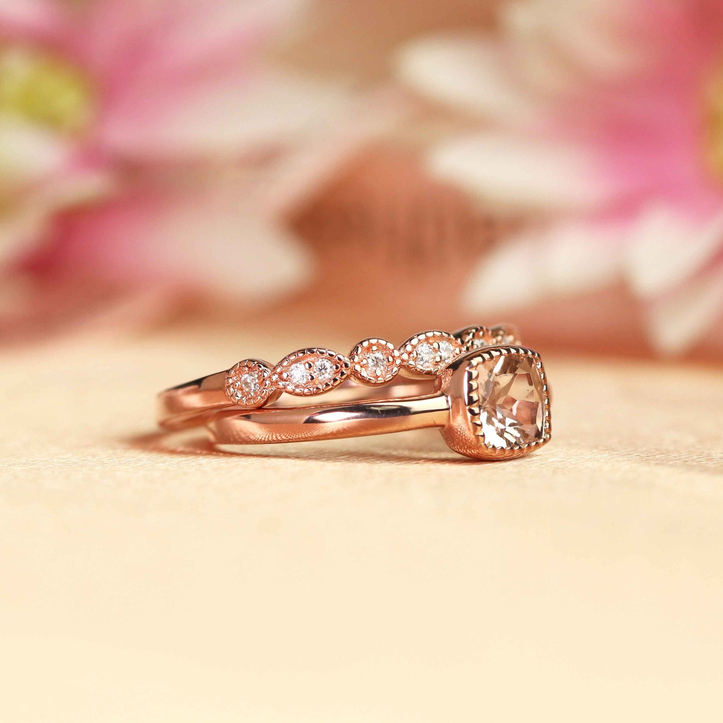 Solitaire 1.15 carat cushion cut peach pink Morganite vintage Wedding Ring Set in Rose Gold