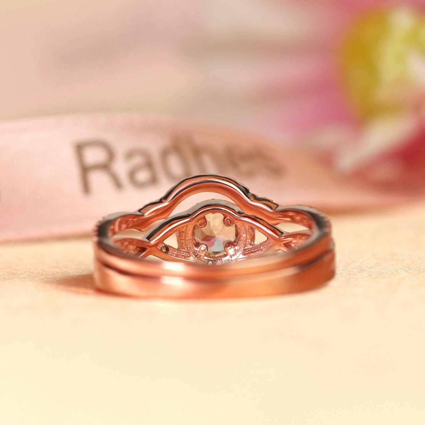 Antique 1.75 carat Round cut peach pink Morganite and Diamond Halo Bridal Wedding Set in Rose Gold