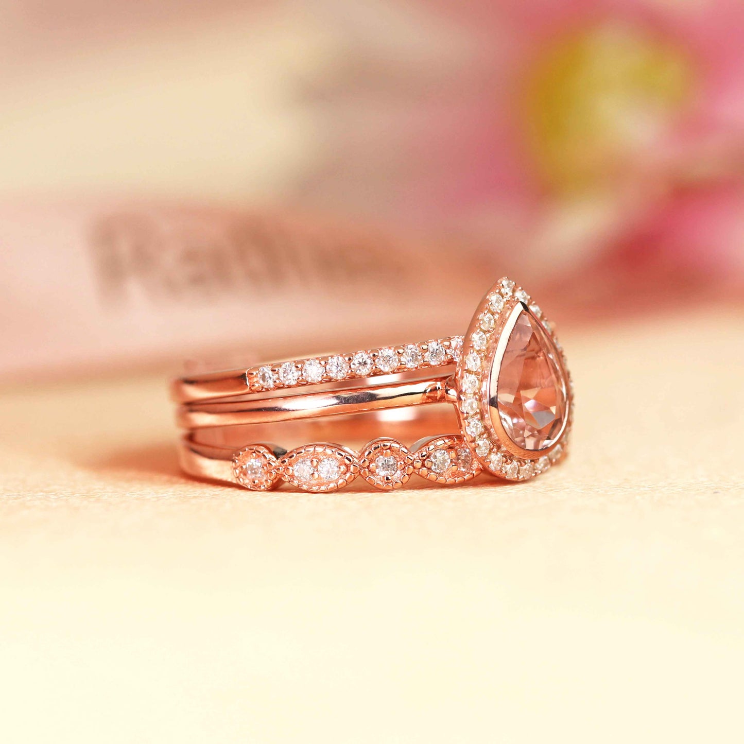 Antique Vintage 1.65 carat Pear Cut Morganite and Diamond Halo Trio Set for Women in Gold