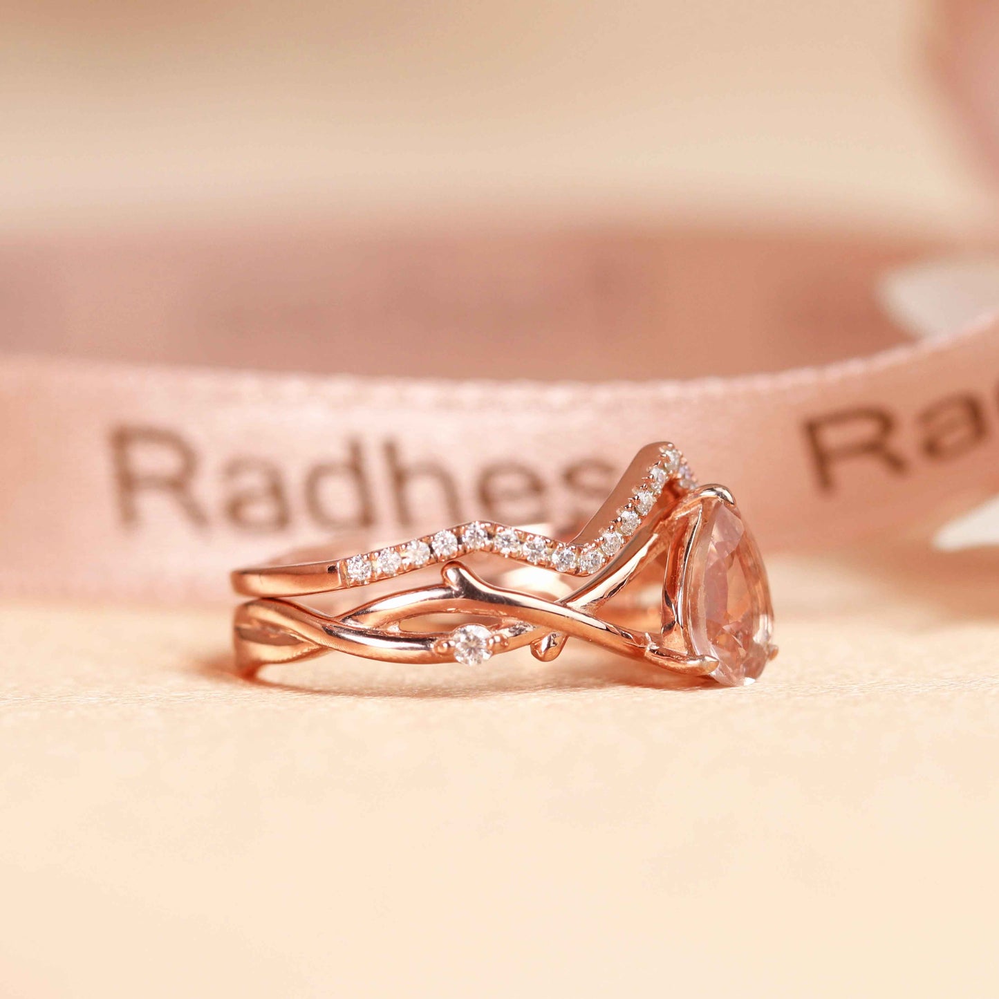 Solitaire 1.25 carat Pear Shaped Peach Pink Morganite Twig Wedding Ring Set in Rose Gold