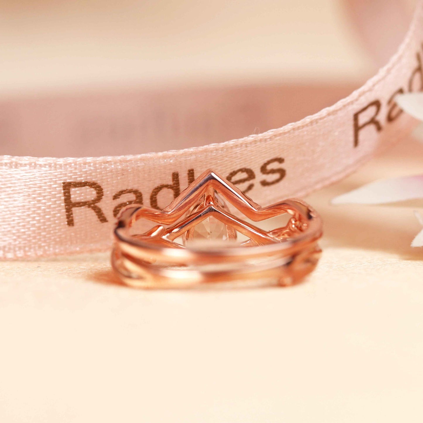 Solitaire 1.25 carat Pear Shaped Peach Pink Morganite Twig Wedding Ring Set in Rose Gold