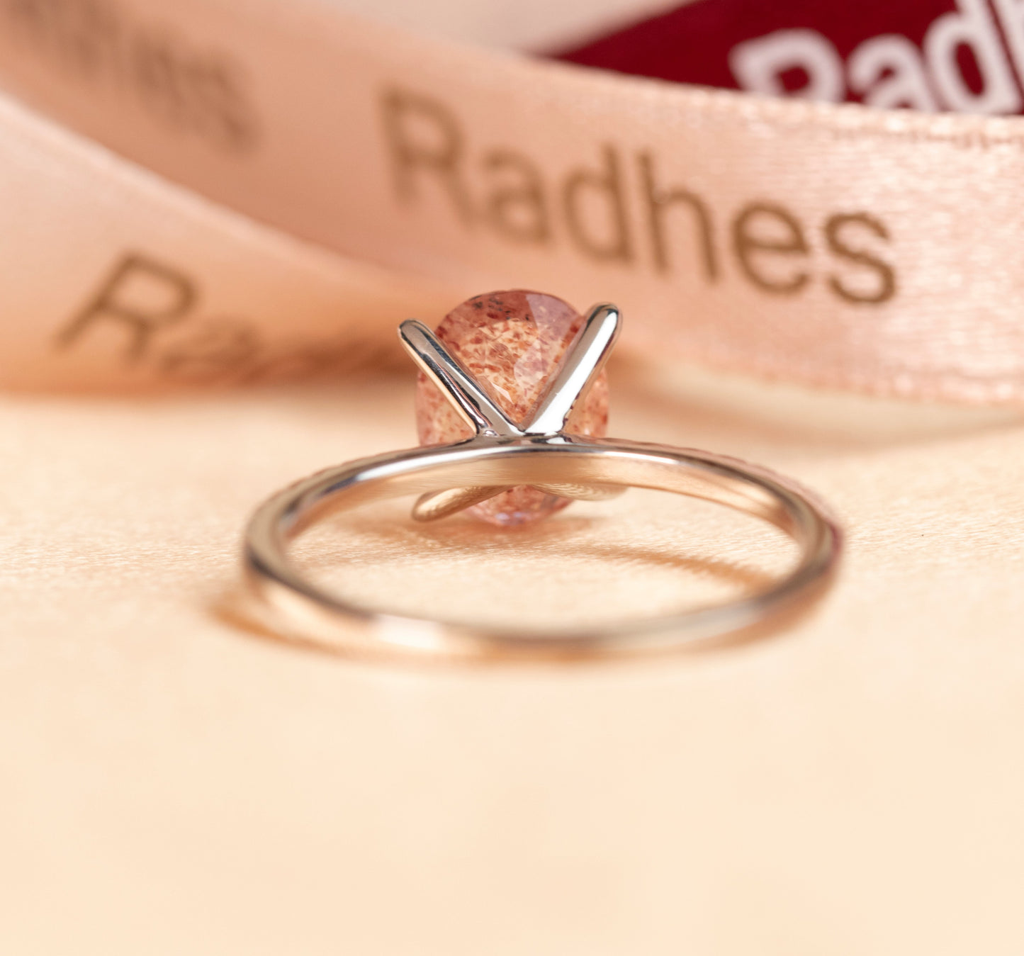 Classic Solitaire 1.25 carat Oval Cut Red Strawberry Quartz and Diamond Half-pave 4 Prong Ring for Women in White Gold