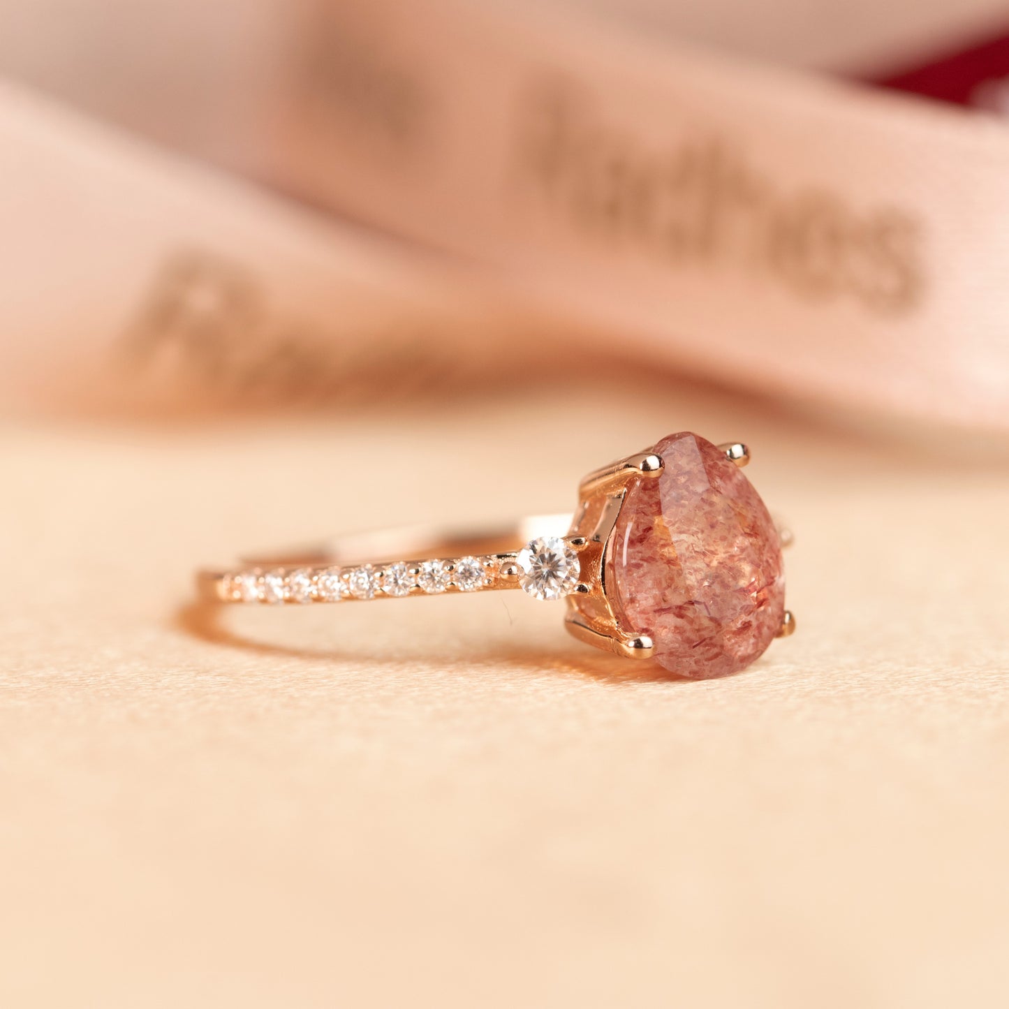 Three Stone 1.25 carat Pear Cut Strawberry Quartz and Diamond Accent Half-pave Wedding Ring for Women in Rose Gold