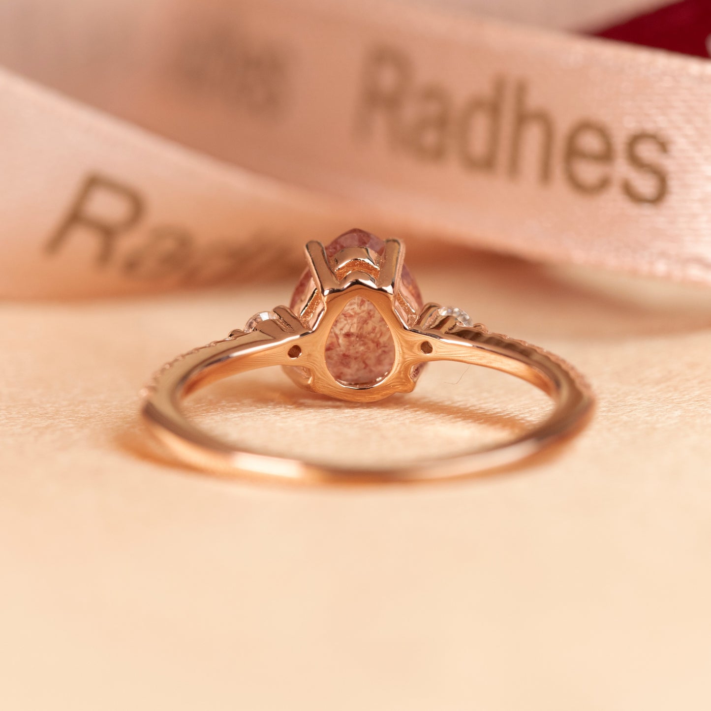 Three Stone 1.25 carat Pear Cut Strawberry Quartz and Diamond Accent Half-pave Wedding Ring for Women in Rose Gold