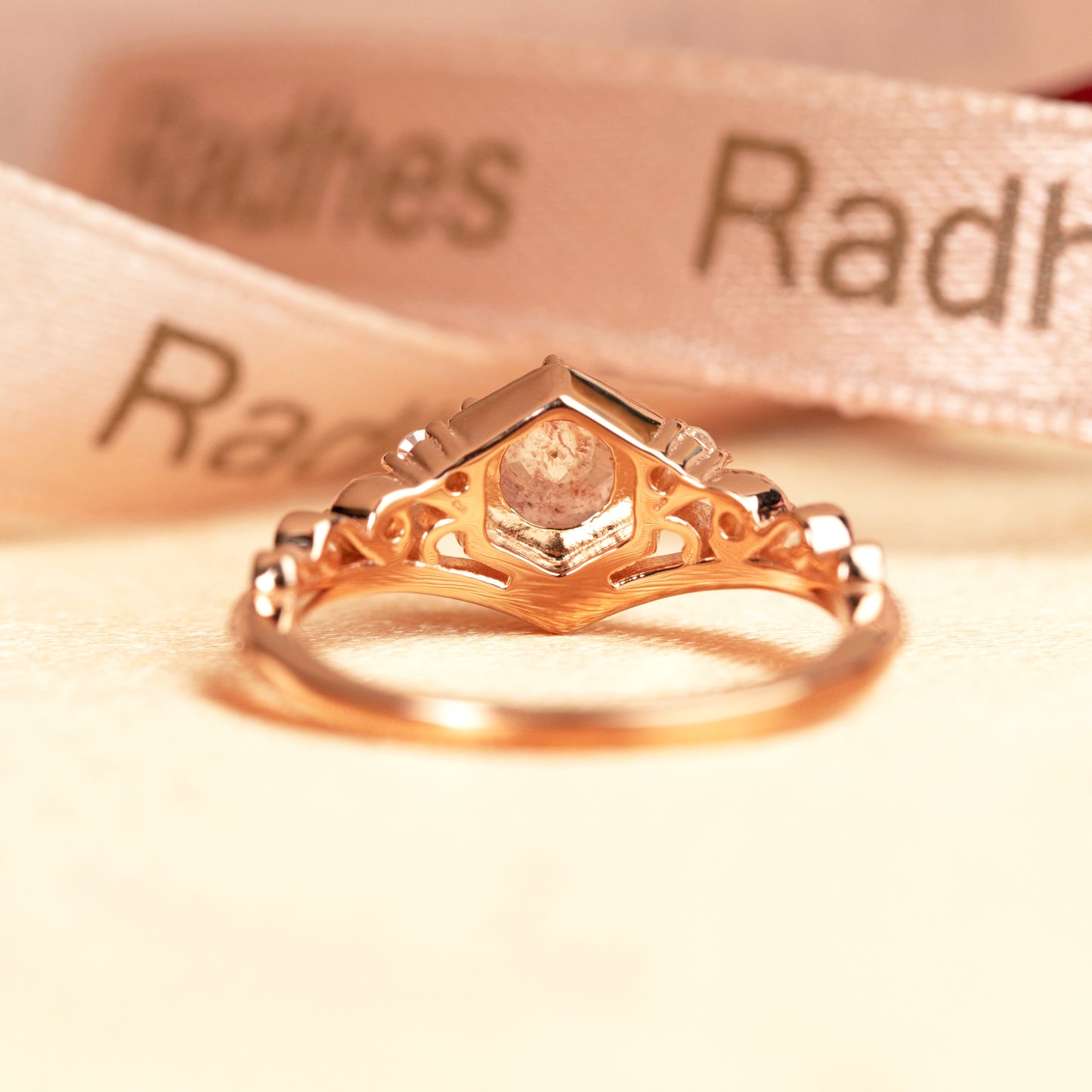 Milgrain Tiara 0.6 carat Round Cut Strawberry Quartz and Diamond Filigree Bezel Engagement Ring in Rose Gold