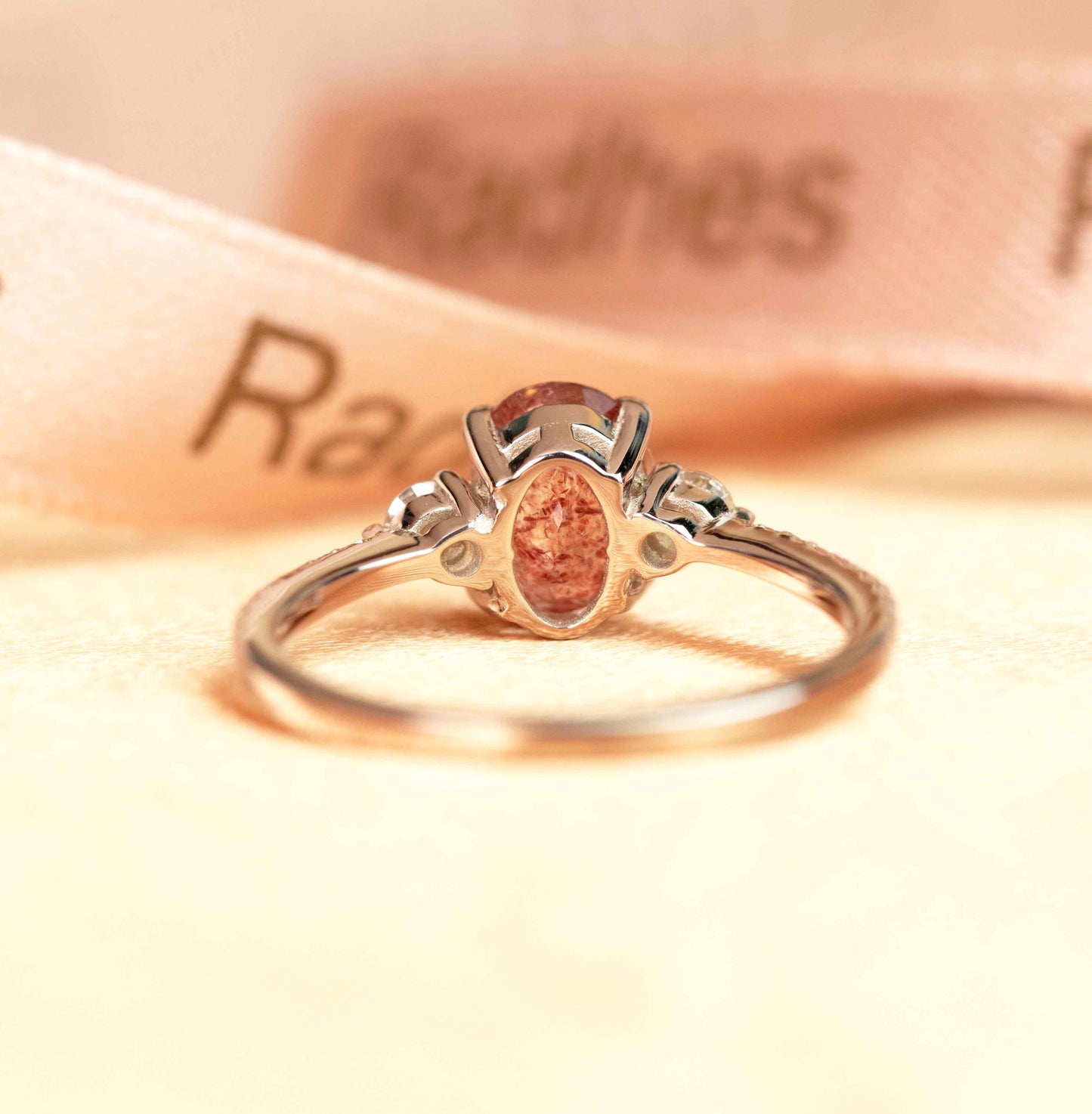 Classic Three Stone 1.25 carat Oval Cut Red Strawberry Quartz and Diamond Half-pave Bridal Ring in White Gold