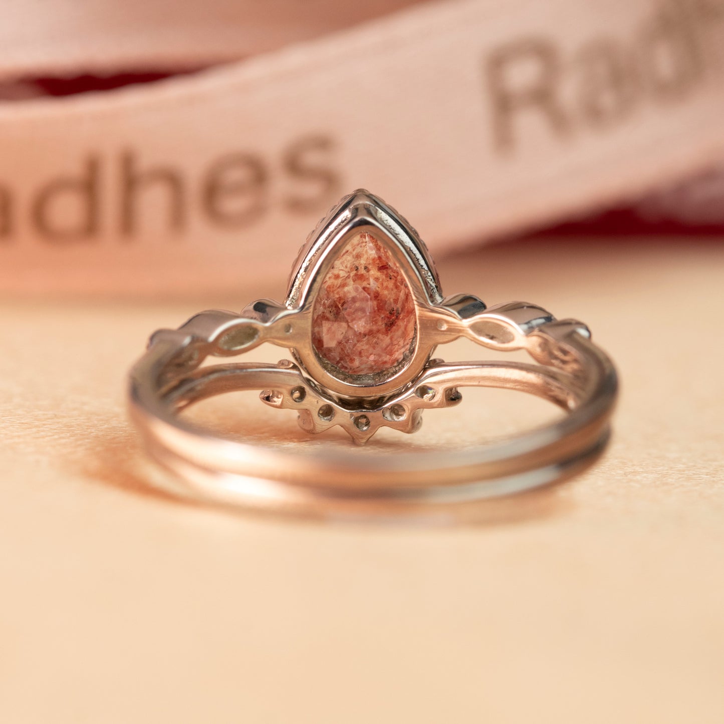 Bezel 1.25 carat Pear Cut Red Strawberry Quartz and Diamond Milgrain Chevron Tiara Wedding Ring Set in White Gold