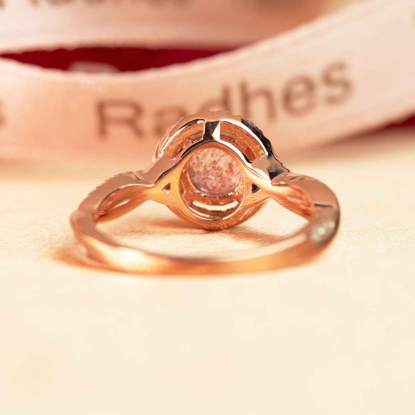 Pave Halo 1.25 carat Round Shaped Strawberry Quartz and Diamond Twist Shank Women's Ring in Rose Gold