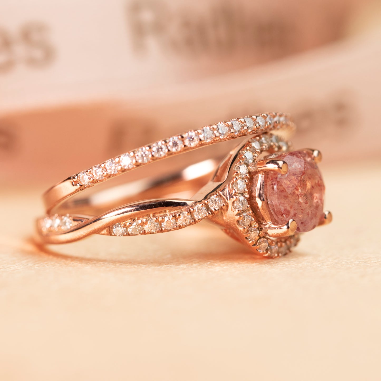 Twist Shank 1.5 carat Round Cut Strawberry Quartz and Diamond Pave Halo Ring Set for Women in Rose Gold