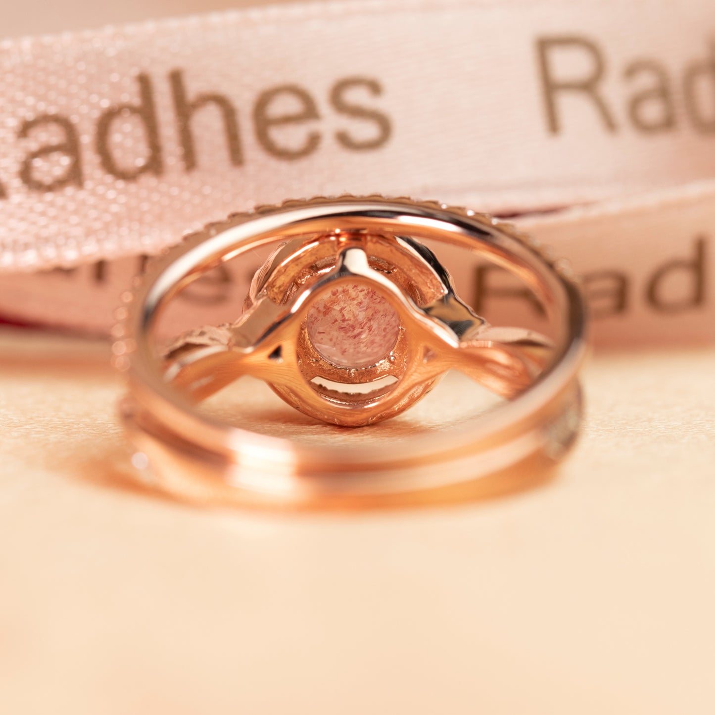 Twist Shank 1.5 carat Round Cut Strawberry Quartz and Diamond Pave Halo Ring Set for Women in Rose Gold