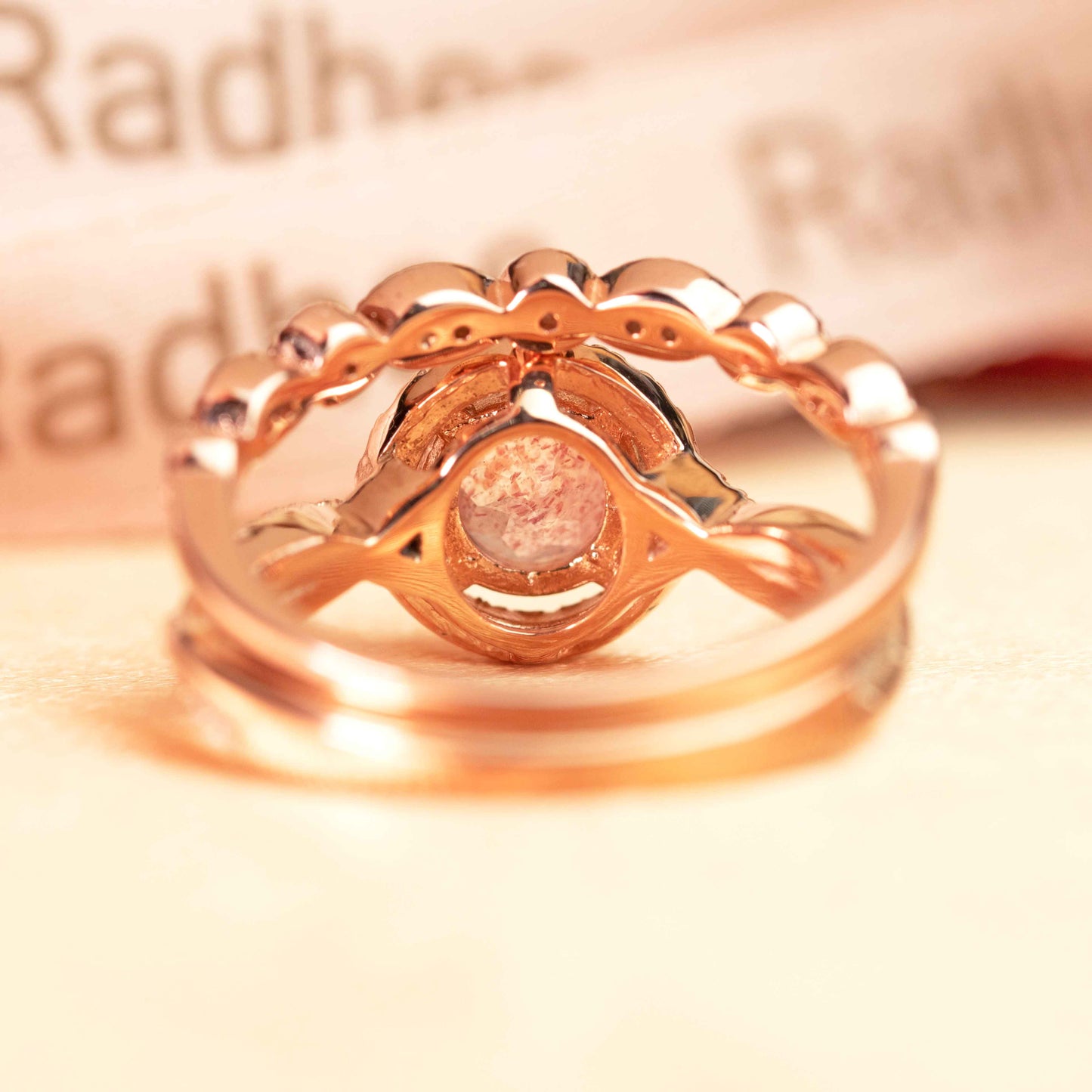 1.5 carat Round Shaped Strawberry Quartz and Diamond Pave Halo Twist Shank Engagement Ring Set for Women in Rose Gold