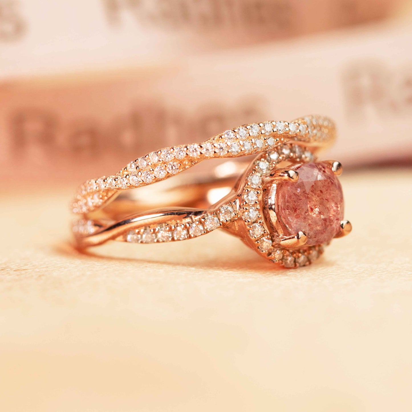 Classic Halo 1.75 carat Round Cut Strawberry Quartz Pave Diamond Twist Shank Wedding Ring Set for Women in Rose Gold