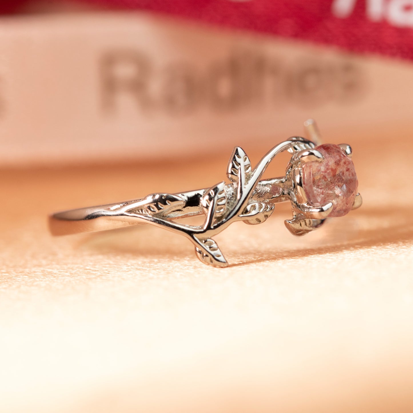 Dainty Vine 1 carat Round Cut Red Strawberry Quartz Solitaire Ring in White Gold