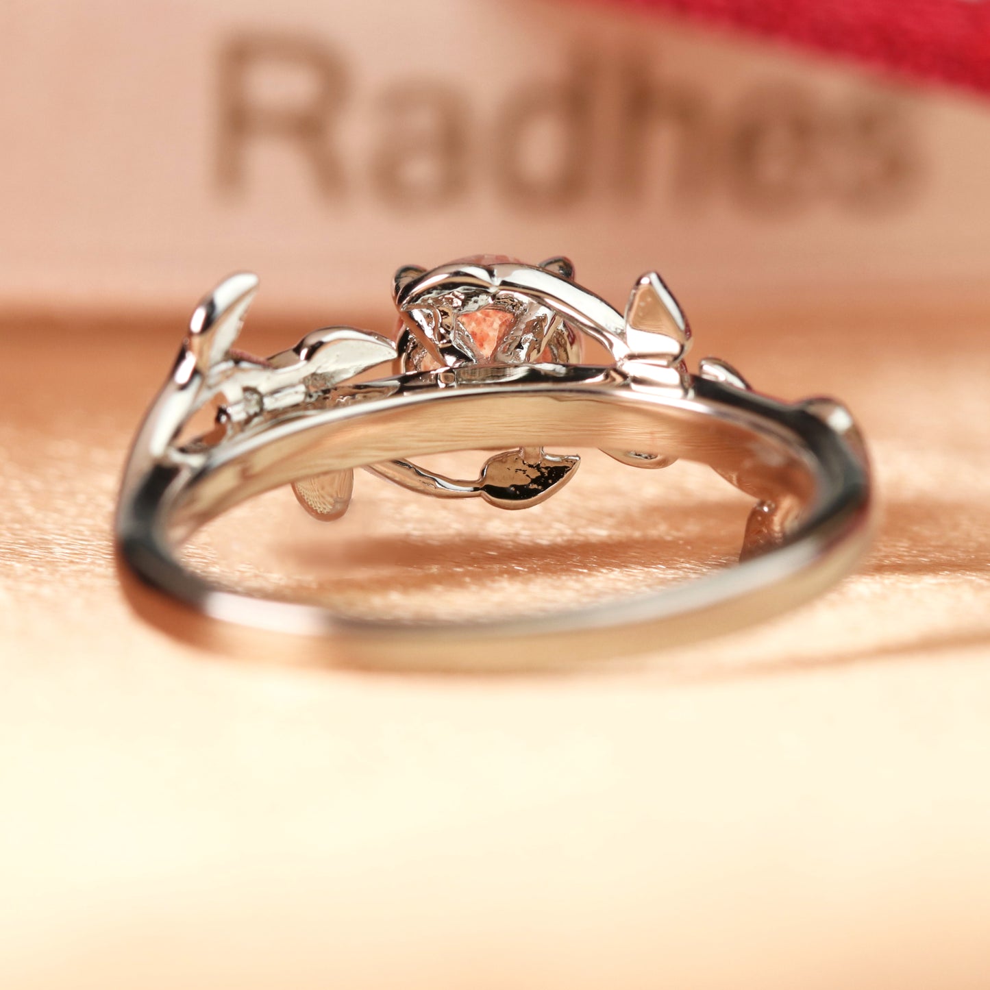 Dainty Vine 1 carat Round Cut Red Strawberry Quartz Solitaire Ring in White Gold