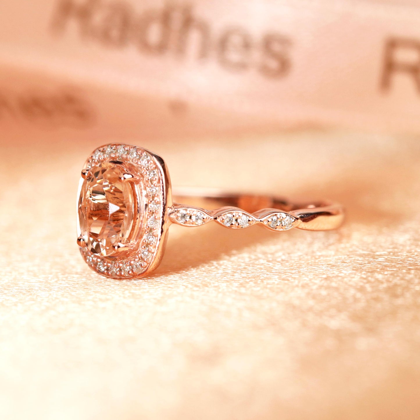 Bestselling 1.5 carat oval cut peach pink Morganite Halo Engagement Ring in Rose Gold