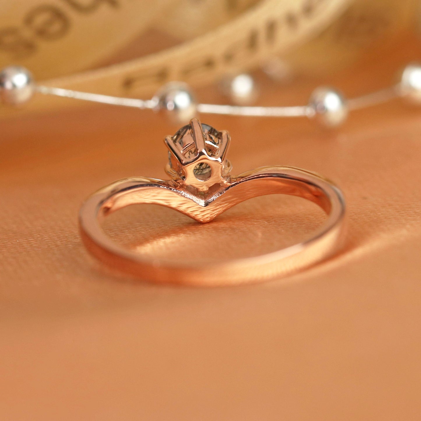 Chevron 1 carat Round Cut Rutilated Quartz 6 Prong Solitaire Ring in Rose Gold