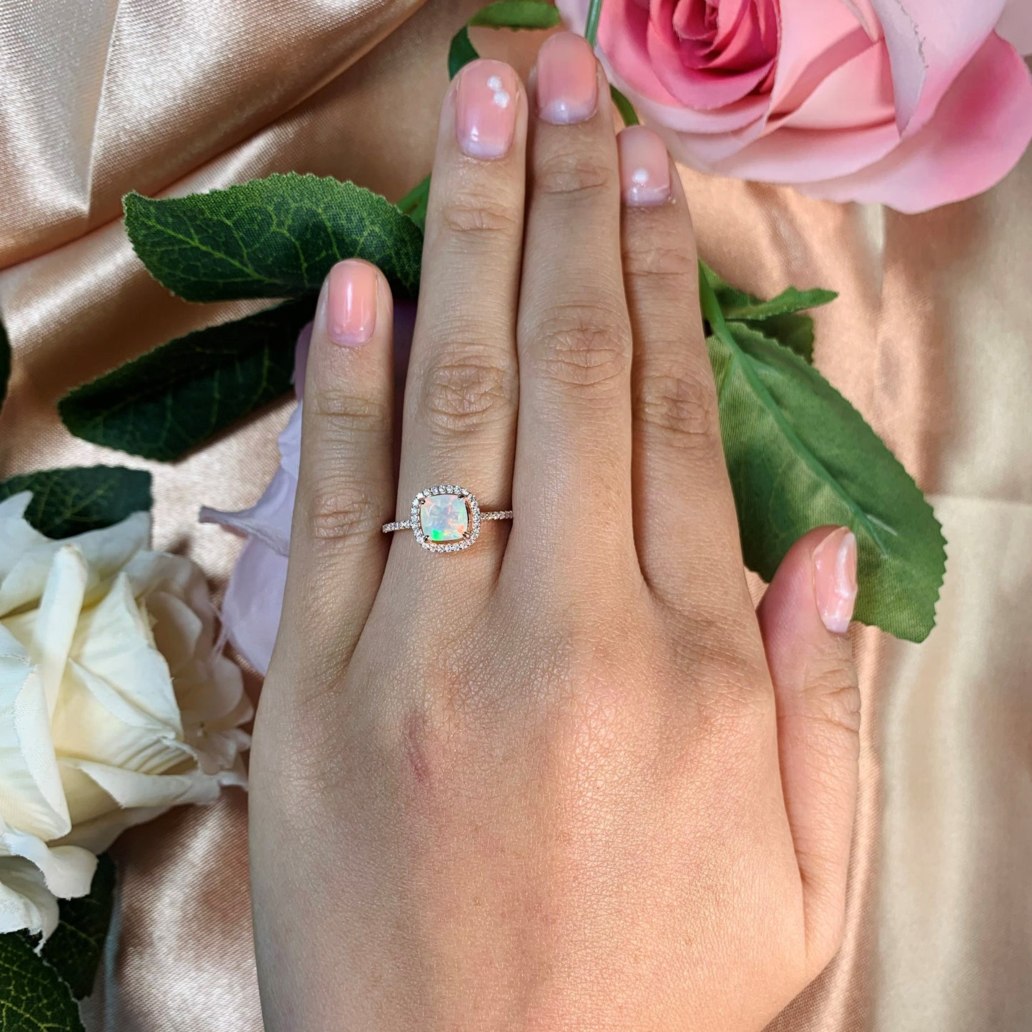 Sale 1.25 Carat Cushion Cut Opal with Diamond Halo Engagement Ring in Rose Gold