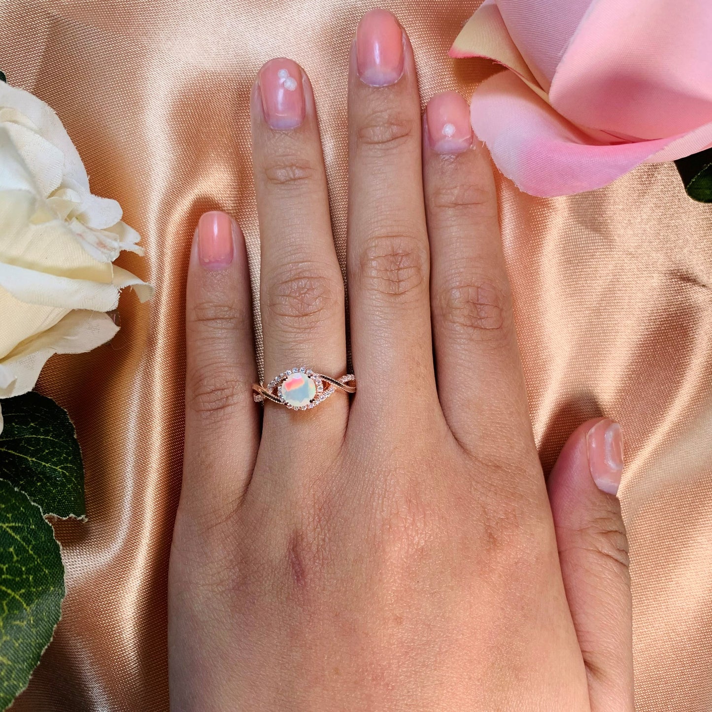 Swirl Halo 1.25 Carat Round Shaped Fire Opal and Diamond Solitaire Promise Ring in Rose Gold