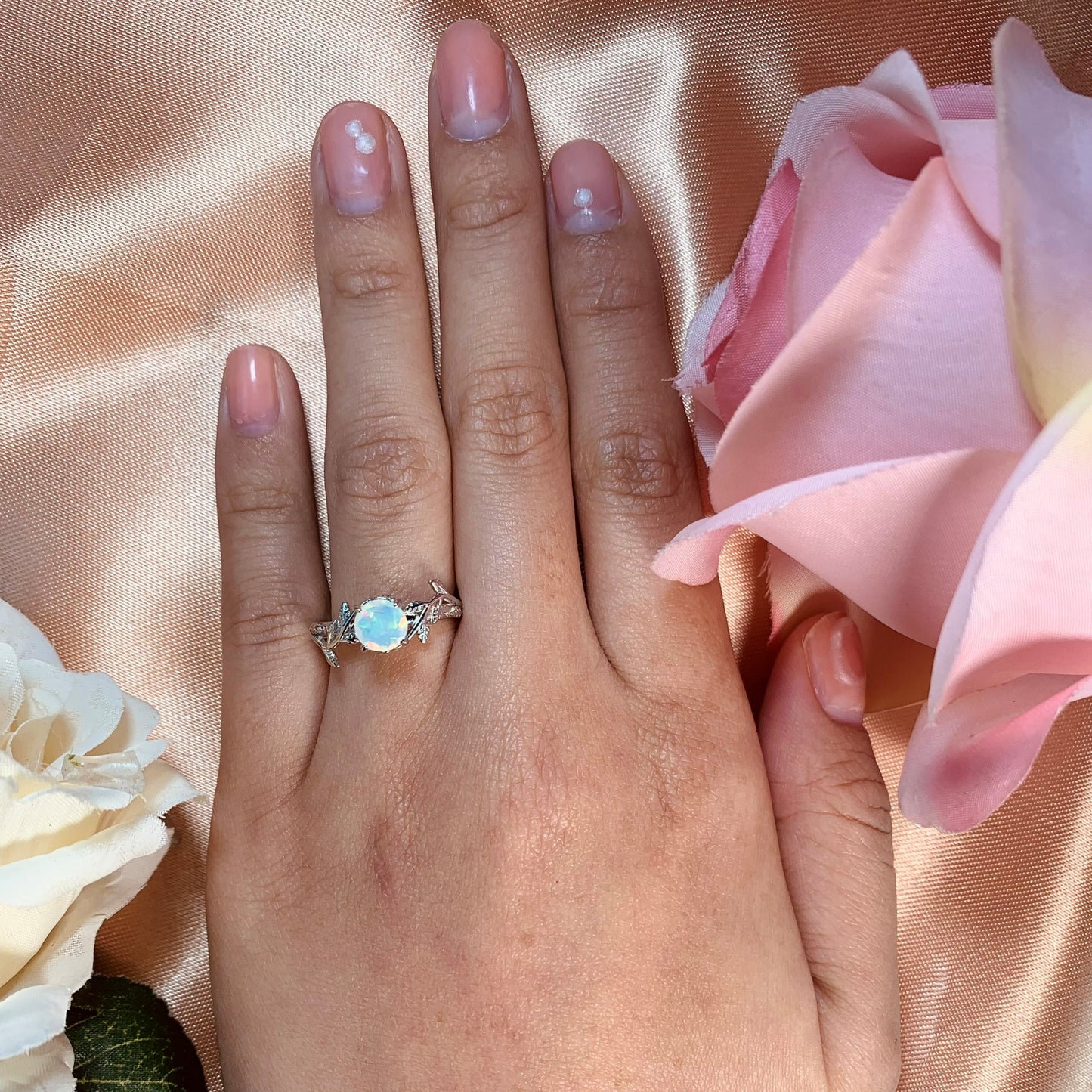 Dainty 1 Carat Round Cut Opal Leaf Wedding Engagement Ring in White Gold