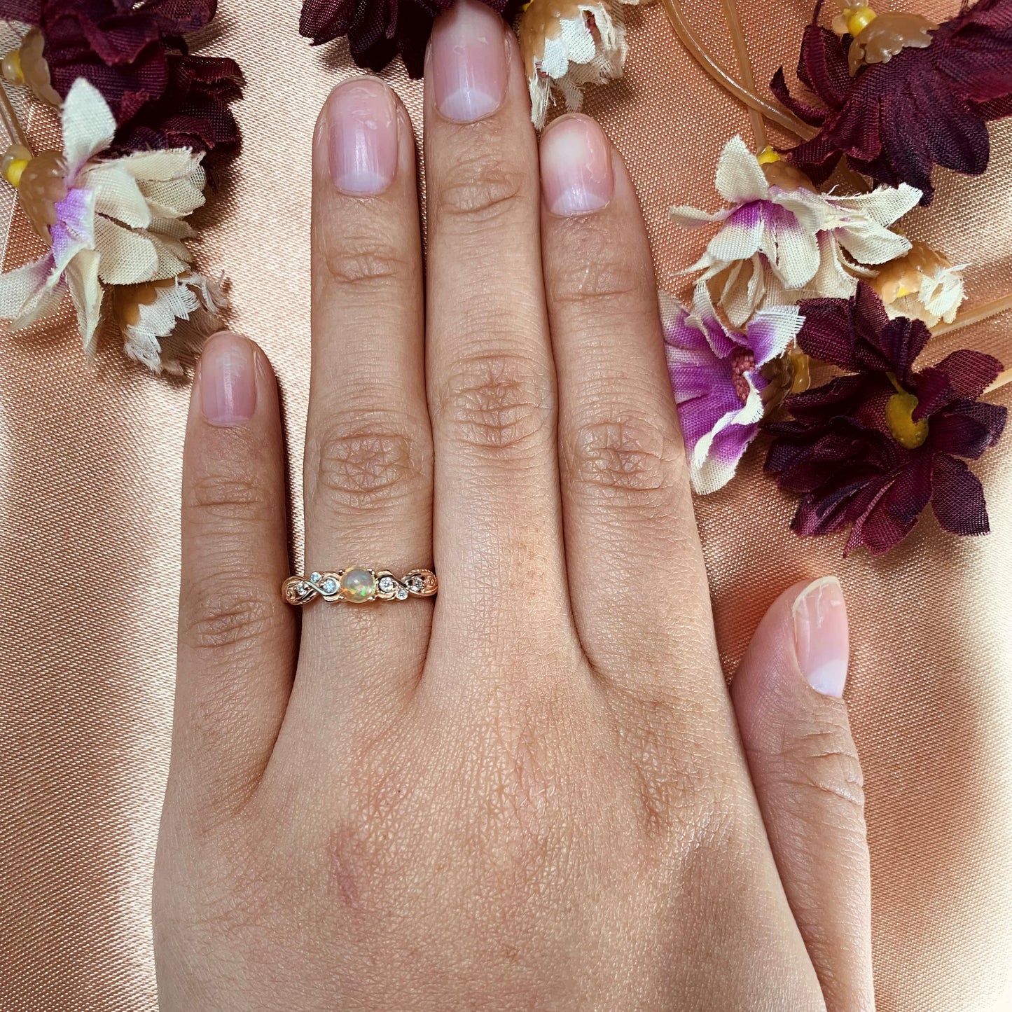 Dainty 0.85 Carat Opal and Diamond Engagement Ring for Women in Rose Gold