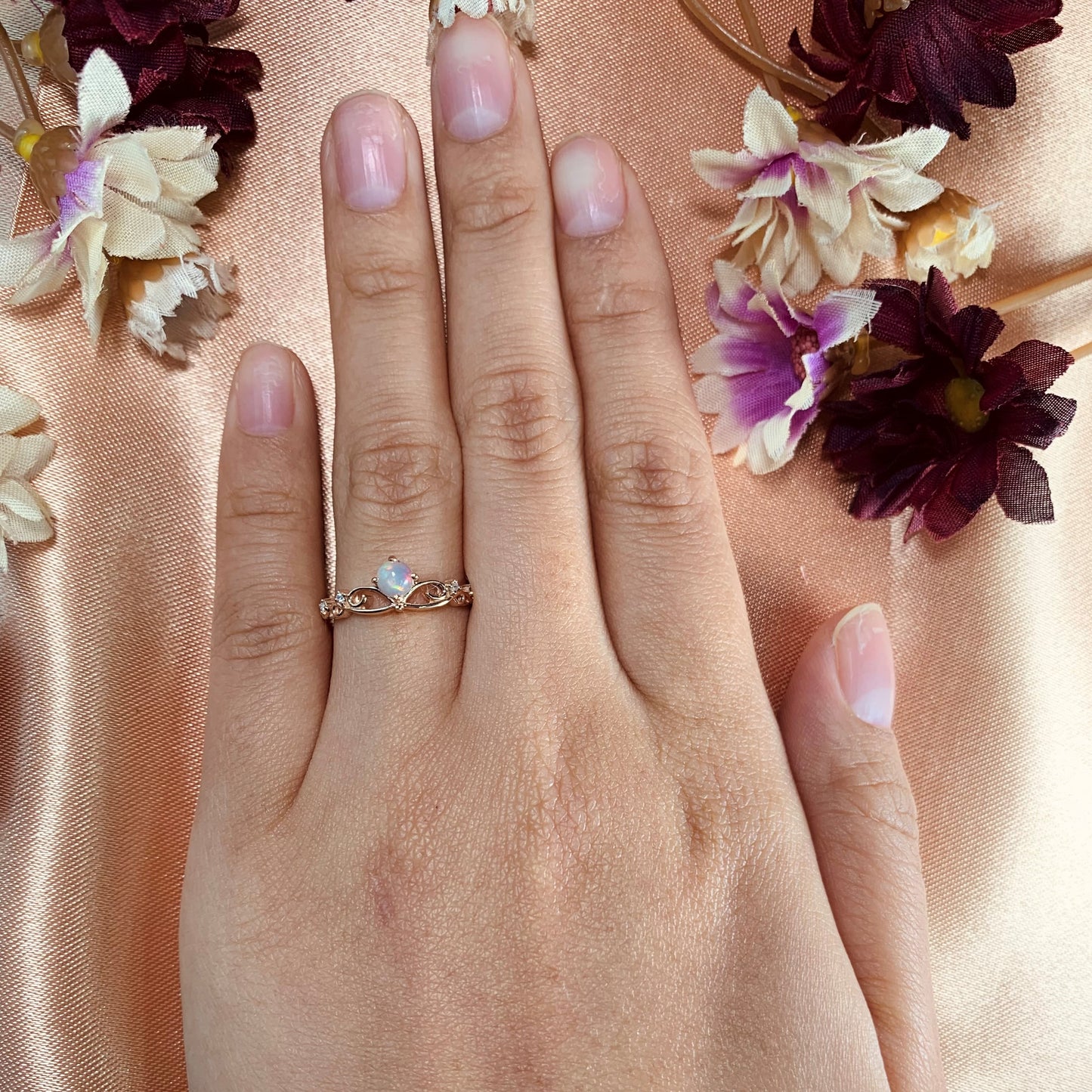 Sale 0.9 Carat Round Cut Opal with Diamond Dainty Tiara Wedding Ring for Women
