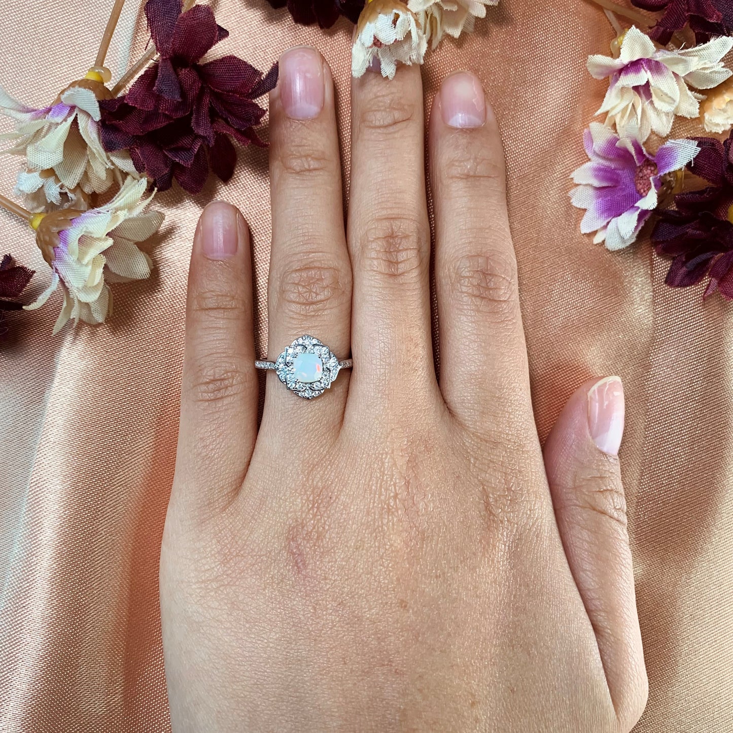 Vintage Floral 1.5 Carat Cushion Cut Fire Opal Engagement Ring in White Gold