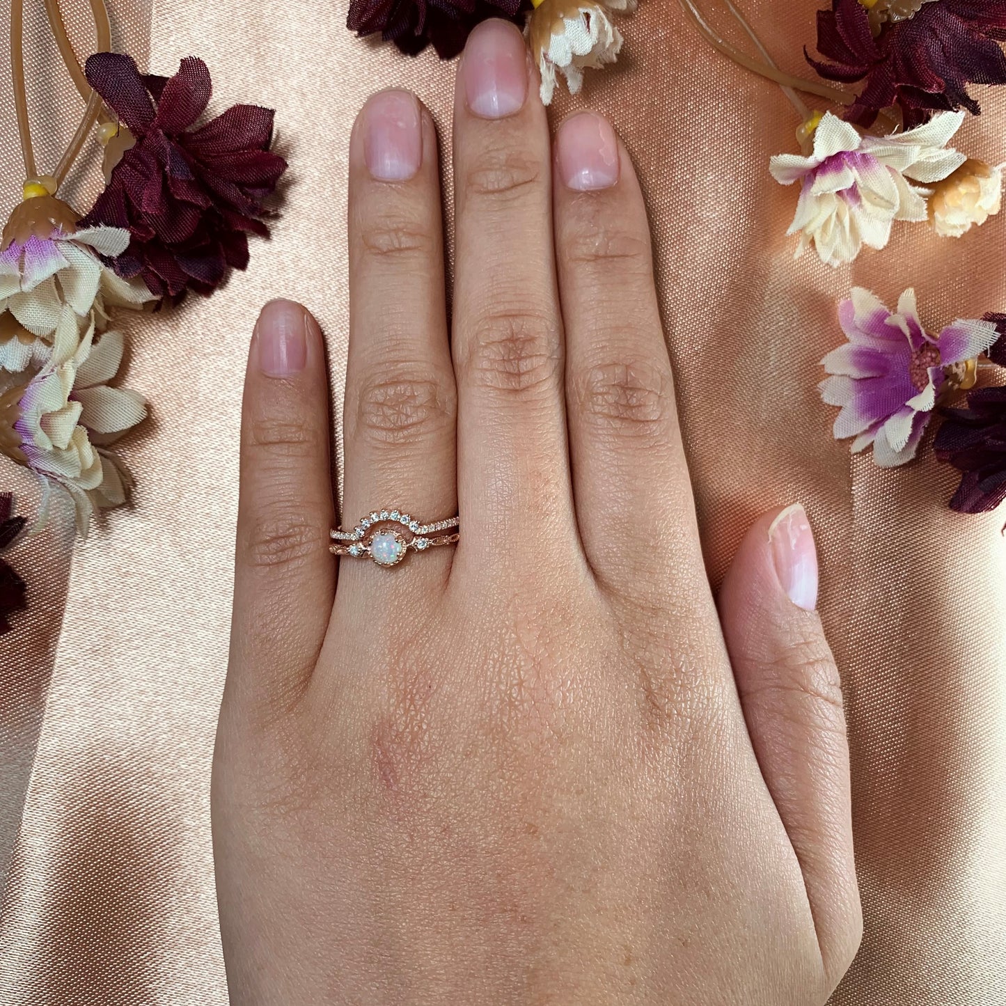 New Design 1.1 Carat Round Cut Fire Opal and Diamond Open Cut Milgrain Bridal Ring Set in Gold