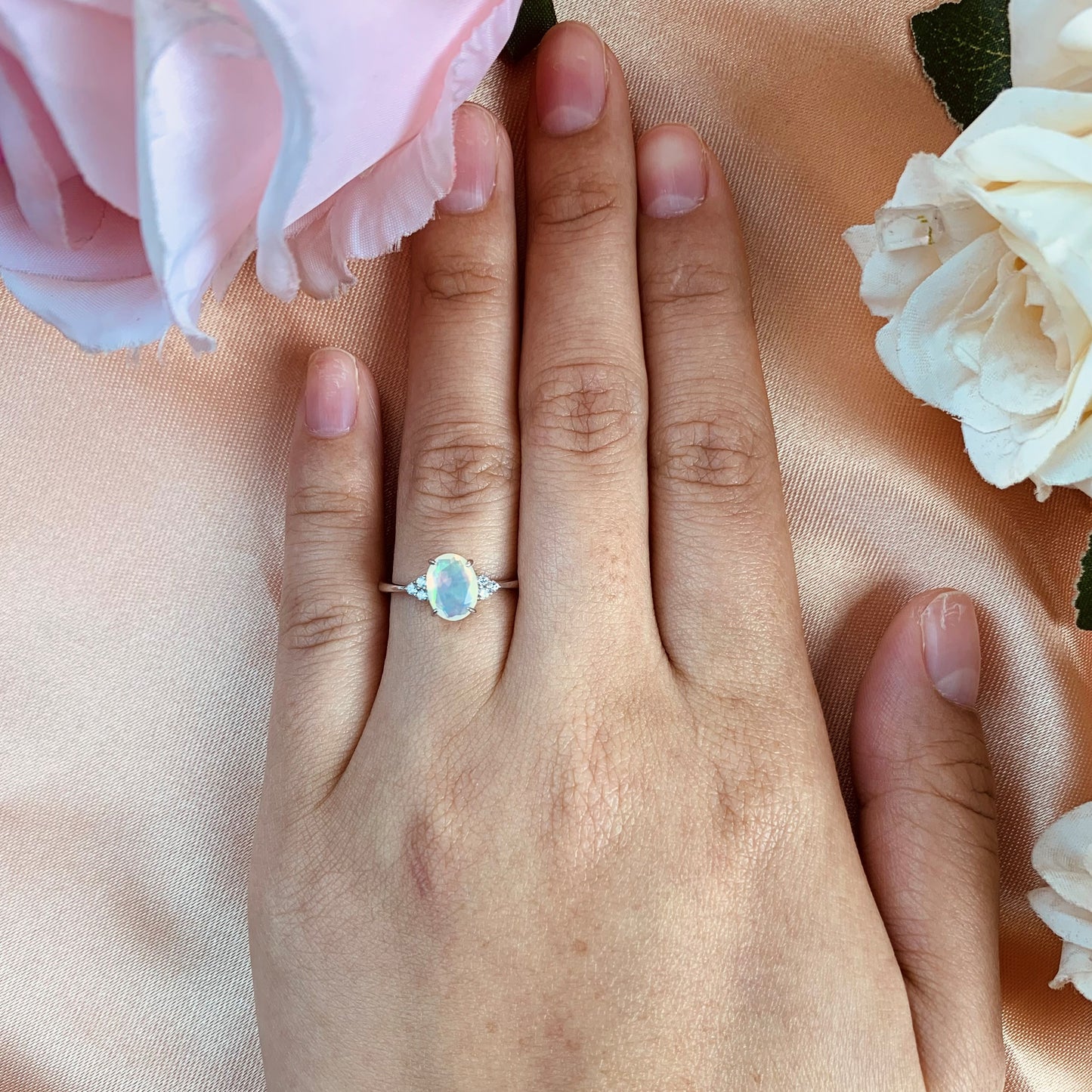 7 Stone 1.1 Carat Fire Opal with Diamond Classic Wedding Engagement Ring White Gold