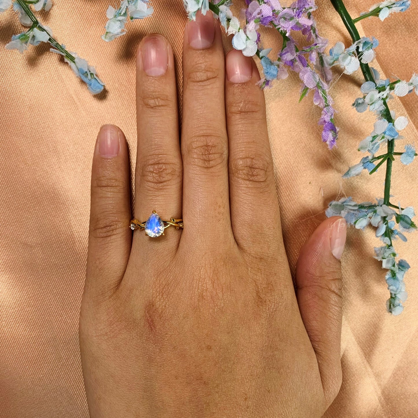Twig 1.25 carat Teardrop Shaped Rainbow Moonstone Wedding Ring Set on Yellow Gold