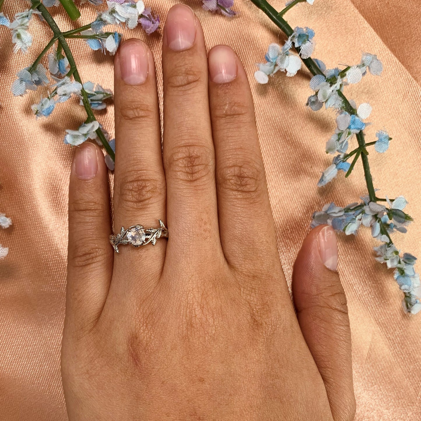 Leaf Design 1 carat Round cut Rainbow Moonstone solitaire Engagement Ring in Gold