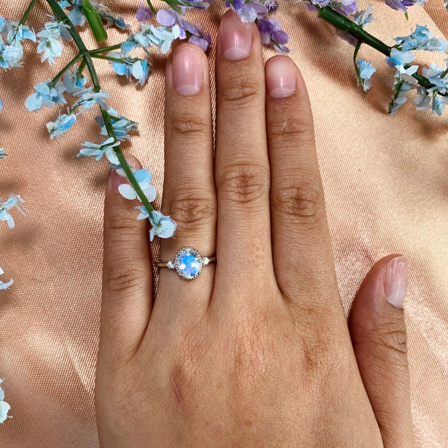 Trilogy Past Present and Future, 1.1 carat Oval cut rainbow Moonstone Engagement Ring in White Gold