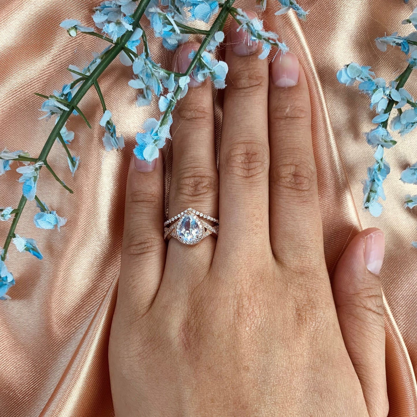 Huge 1.7 carat Natural rainbow Moonstone Halo Teardrop Vintage Chevron Wedding Ring Set with Diamond in Rose Gold