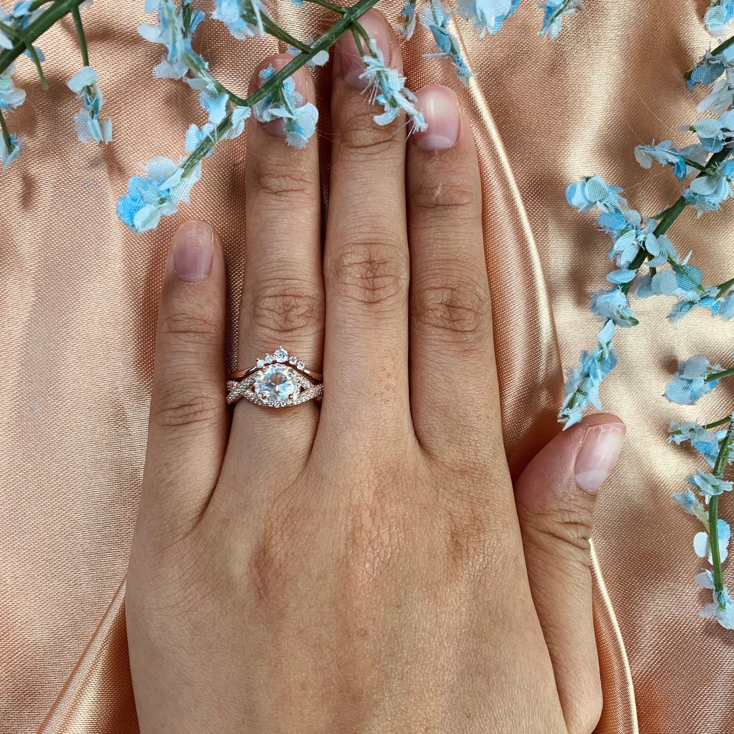 Art deco Vintage 1.5 carat Round cut Moonstone Wedding Bridal Ring Set in Rose Gold